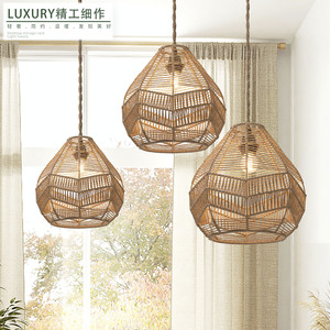 Hand Woven Paper <b>Rope</b> Lampshade Imitation Rattan Pendant <b>Light</b> E27 Led Round For Homestay Tea Room Restaurant - Product Image 1