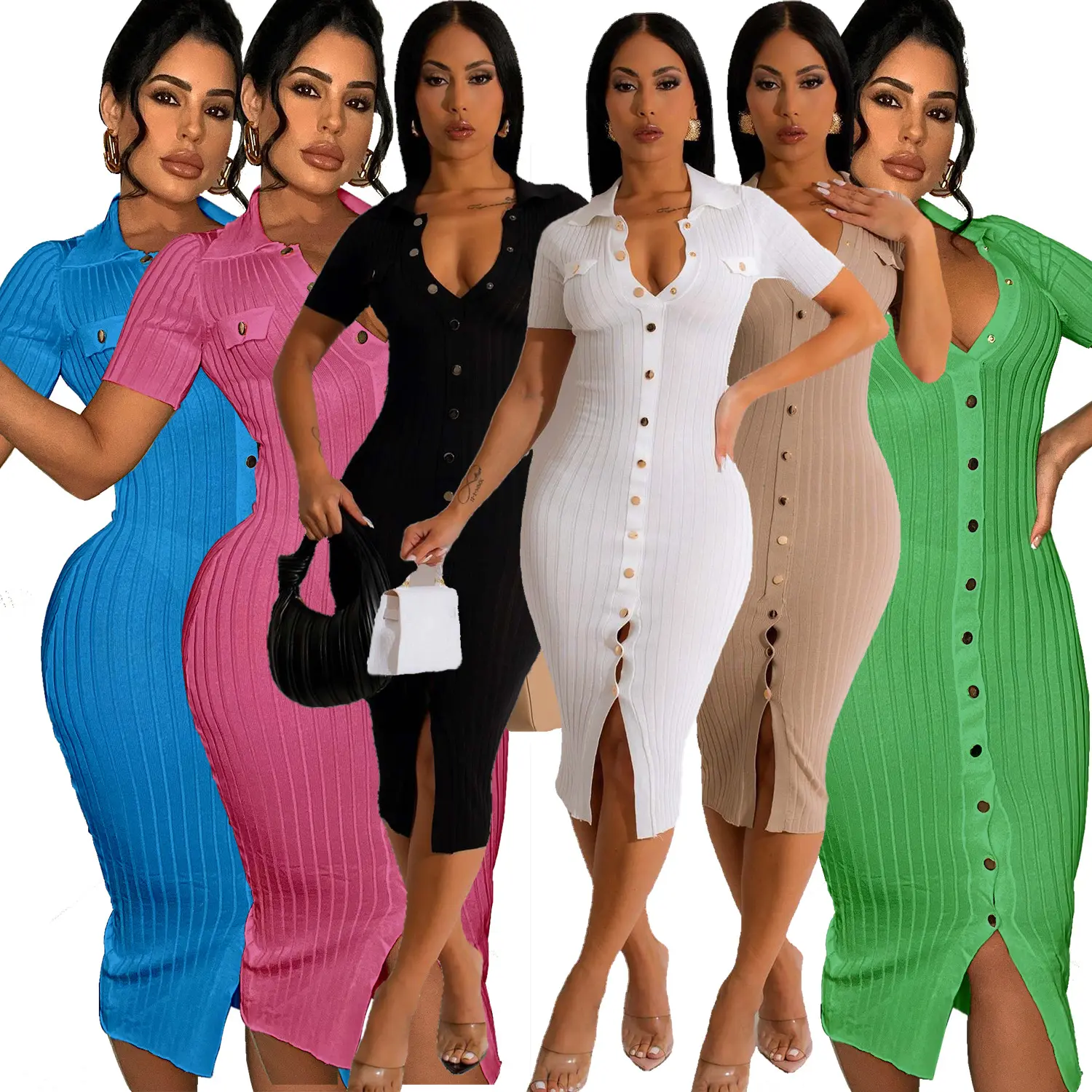 2024 örme kadın elbise kısa kollu katı Bodycon elbise streç v yaka elbise bahar butik kadın giyim