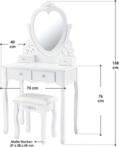 Coiffeuse avec miroir, tabouret et 4 tiroirs, style campagnard blanc, en MDF, pour filles et enfants - Product Image 3