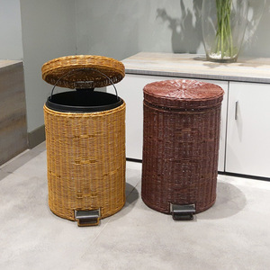 Bamboo Woven Waste <b>Bin</b> Foot Pedal <b>Lid</b> Home Kitchen Bathroom Toilet Trash Can Creative Large Size - Product Image 2