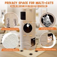 Tour pour chat en feutre de laine beige multicouche, avec plusieurs grottes verticales, marches d'escalade et jouet pompon suspendu