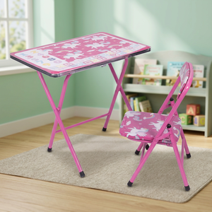 Set Tavolo e Sedie per Bambini Sibilla Decorato con Unicorno, Arredamento in Legno Massello Fucsia per Bambini, Materiale Metallico - Product Image 3