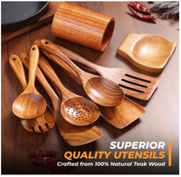 Ensemble d'ustensiles de cuisine en bois de teck de qualité supérieure, 9 pièces, spatules et cuillères en bois artisanales avec support et repose-cuillère