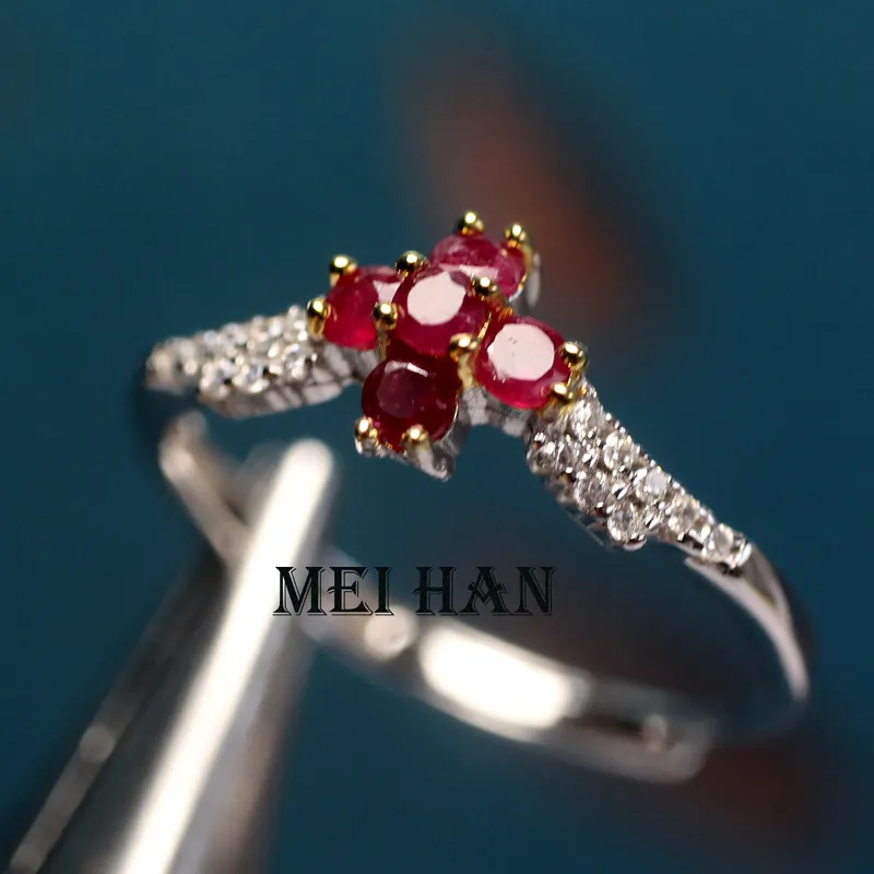 Meihan 도매 천연 최고 루비 매화 925 실버 조정 가능한 여성 반지 타원형 구슬 보석 만들기 선물