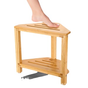 Tabouret de salle de bain en bois de palmier doré, banc de douche triangulaire en bois massif avec étagère pour salles de bain - Product Image 5