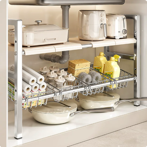 Étagère de rangement extensible moderne en acier inoxydable pour <span class=keywords><strong>armoire</strong></span> de cuisine, <span class=keywords><strong>support</strong></span> robuste et réglable pour casseroles et poêles - Product Image 1