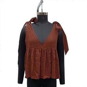 Brown Sleeveless Deep V <b>Neck</b> Tank Tops <b>Tie</b> Shoulder Ruffle Hem Casual Loose Fit Summer Woven 100% Polyester 120g Women's <b>Blouse</b> - Product Image 1