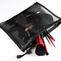 Sacs de rangement de voyage pour maquillage et cosmétiques en maille noire, écologiques, portables et durables, avec pochette zippée et trousse à crayons Gelory