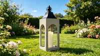 Lanterne en bois avec dessus en fer et bougie LED, lanterne suspendue en verre découpé en forme d'arche, style ferme, pour la décoration de la maison, des tables de mariage