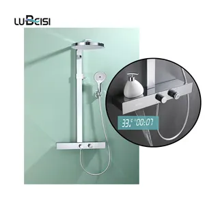 Luxus 3 Funktion Wandbehang Bad Chrom LED Digital Hydro Regen dusch mischer Wasserhahn mit Rack Regal