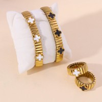 Nouveau Style Bracelet Bague Ensemble Époxy Trèfle Goutte À Goutte Glaçure Conception En Acier Inoxydable Bracelet Extensible Bijoux De Mode En Gros