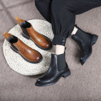 Sepatu bot kulit asli wanita, sepatu bot Chelsea, sepatu sol tebal elastis, sepatu kerja kasual mewah kelas atas musim gugur/musim dingin