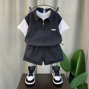 Completo Estivo Trendy per Bambino in Velluto a Coste con Pelo di Coniglio, Stile Western, Pantaloncini a Righe, Nuova Collezione 2026 - Product Image 4