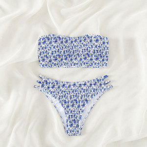 Costume da bagno da donna blu con stampa floreale, sexy, con reggiseno imbottito a fascia e <span class=keywords><strong>perizoma</strong></span> alto, bikini 2 pezzi, costume da bagno estivo senza schienale per la spiaggia - Product Image 2