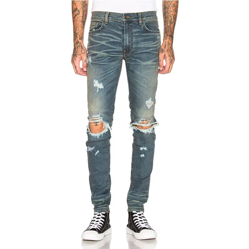 2022 Celana Jeans Denim untuk Pria, Ritsleting Biru Indigo Klasik Robek Detail Pudar