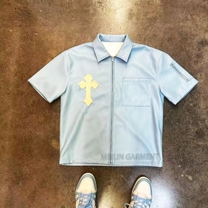 OEM Custom High Quality Short Sleeve Fashion Zip Pocket Casual Turn-<b>down</b> Collar Men's Pu Leather Zip up Mens Leather Shirts - Product Image 2