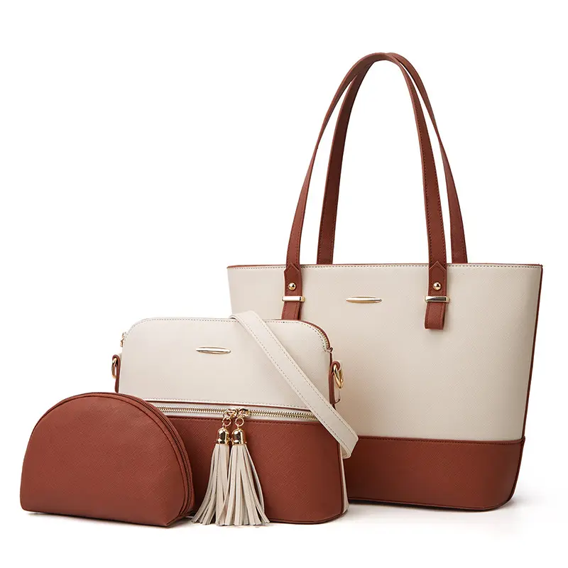 Amazon hot selling handbags wholesale brand large black tote bag luxury ladies 3in1 shoulder women hand bag set