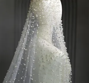 LUOXIN Long Luxury Bridal Veil Pearls Delicate Nail Bead Veu Cathedral Wedding Veil with Comb