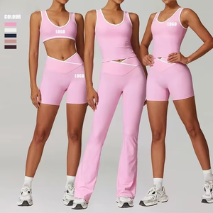 Ensemble de <span class=keywords><strong>sport</strong></span> 4 pièces pour <span class=keywords><strong>femme</strong></span> - Haut court à manches longues, pantalon de <span class=keywords><strong>jogging</strong></span> taille haute, soutien-gorge de <span class=keywords><strong>sport</strong></span>, débardeur de yoga, tenue de gym et de détente - Product Image 1
