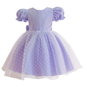 Robe de premier anniversaire pour fille, jupe tutu en dentelle violette, coupe trapèze, col rond, en coton et tulle 986 - Product Image 5