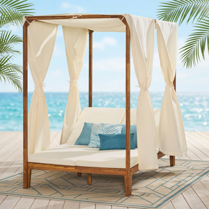 Lit de repos extérieur en teck de style moderne avec auvent, rideaux et coussins pour villas de villégiature et hôtels - Product Image 3