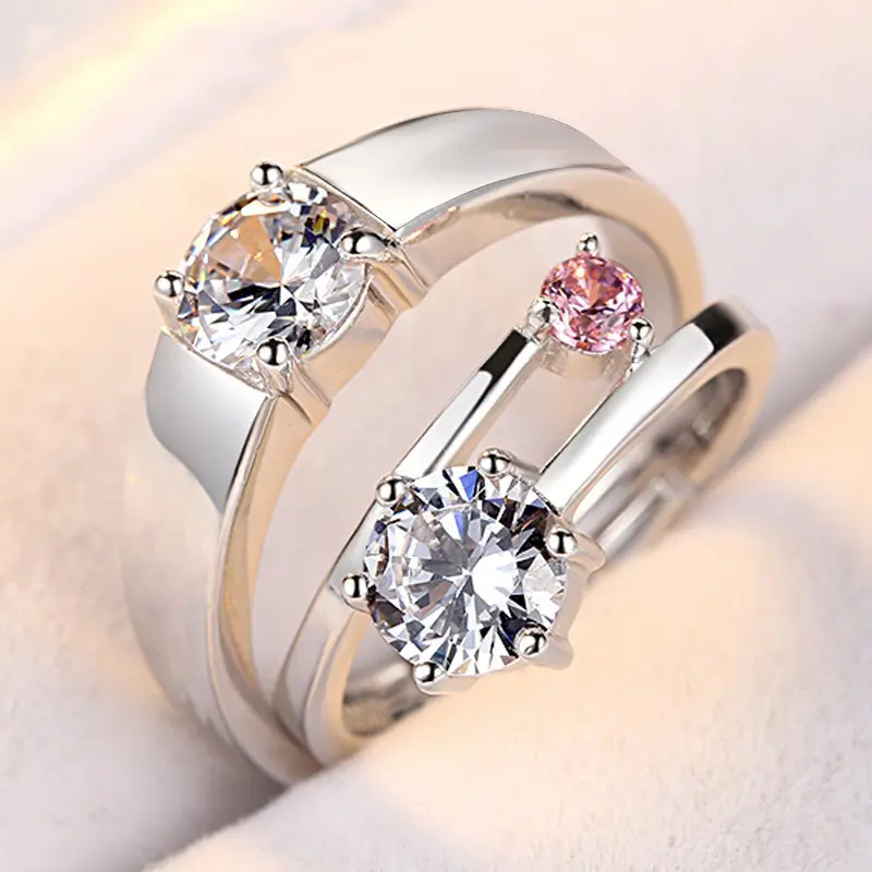 Pink cubic zircon jewelry sterling silver engagement wedding fine diamond adjustable ring 925 sterling silver rings set