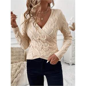 Suéter de punto trenzado con cuello en V para mujer, manga larga, cruzado, elegante, para otoño - Product Image 4