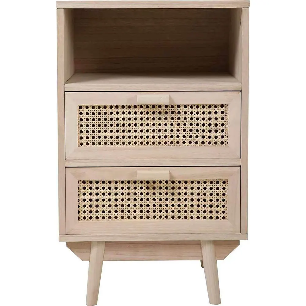 Rattan Nightstand Side Table with 2 Drawers Wooden End Table Square Bedside Table with Open Storage for Bedroom Living Room