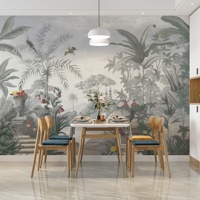 Papier peint mural imperméable 3D vintage avec des arbres, des buissons, des fleurs, des oiseaux, une forêt, un jardin, un paysage pour la décoration murale du salon