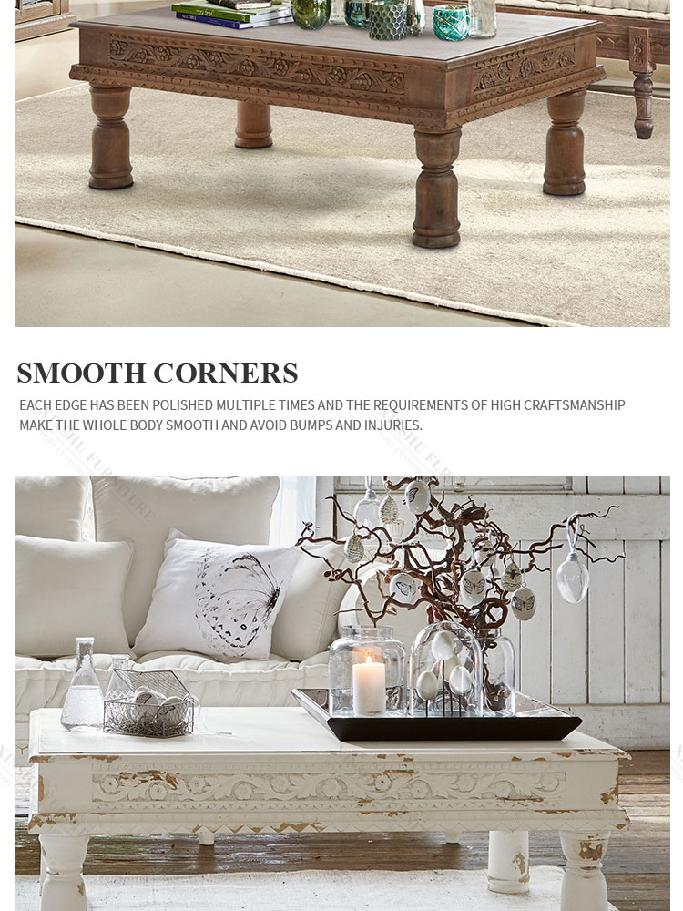 New French country coffee table white retro style dilapidated solid wood birch carved long coffee table
