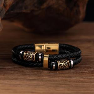 Pulseras de Acero Inoxidable para <span class=keywords><strong>Hombre</strong></span>, de Lujo, a la Moda, Venta al por Mayor, Chapadas en Oro, con Correa de Cuero - Product Image 4