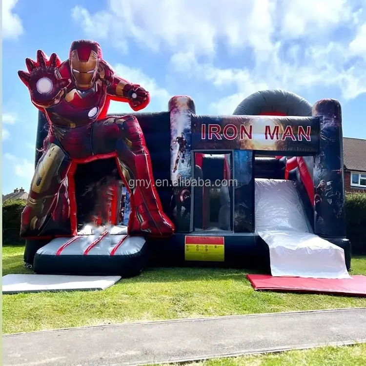 Vendita calda tema mravel castello che rimbalza bambini super hero combo casa di rimbalzo e scivolo bagnato asciutto Ironman jumping house slide