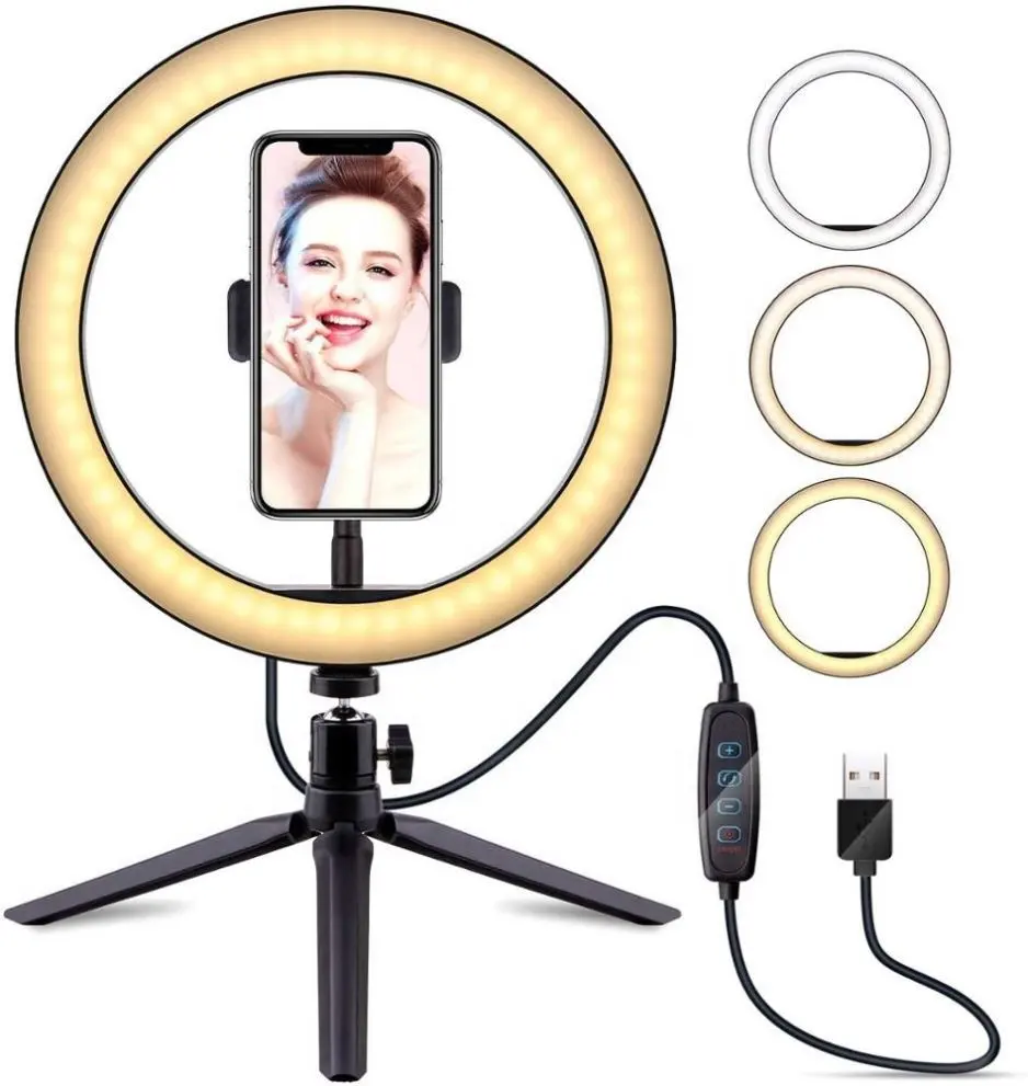 Anillo de luz LED regulable de 10 pulgadas y 26cm con soporte para trípode y soporte para teléfono para Selfie, transmisión en vivo, maquillaje, vídeos de YouTube