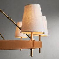 Lustre rond moderne de luxe en cuir et laiton pour salon, lustres pour plafonds hauts avec abat-jour en tissu de lin