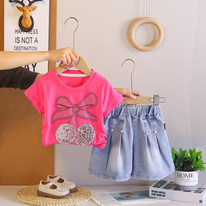 Conjunto de 2 Piezas para Niñas con Diseño de Lazo de Cereza Brillante, Transpirable y Casual para Uso Diario, Actividades al Aire Libre y Verano - Product Image 3