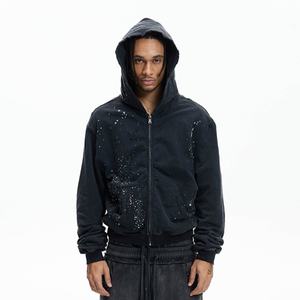 Sweat à capuche zippé personnalisé 100 % coton, style vintage French Terry Y2K, délavé à l'acide, orné de strass et de cristaux, clouté de diamants, pour l'automne - Product Image 4