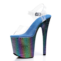Chaussures de pole dance sexy à talon fin, plateforme colorée dégradée bleue, 20 cm, avec bride transparente à la cheville, modèle pour crossdresser