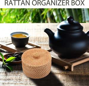 ตะกร้าหวายสานมือทรงกลมพร้อมฝาปิด ขนาดกะทัดรัดสำหรับจัดเก็บเครื่องสำอาง ขนม ถุงชา ของตกแต่งบนเคาน์เตอร์ - Product Image 6