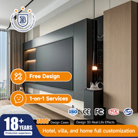 Mueble de TV Moderno de Lujo Flotante con Chimenea, Mueble de Madera de Nogal Personalizado para Sala de Estar, Villa u Hotel
