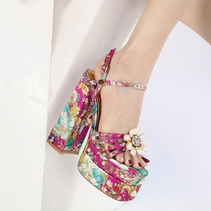 Mixed Flower Pearls Women Floral High Chunky Heels Ankle Strap Rhinestone Summer Outdoor Party Dress Thick Platform <b>Shoes</b> - Product Image 3
