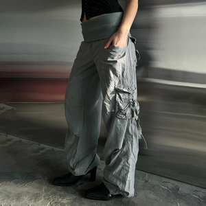 Pantalones Cargo de Pierna Recta para Mujer, Pantalones Tejidos con Cintura Plegable, Pantalones Largos Casuales de Color Sólido con Bolsillos - Product Image 2