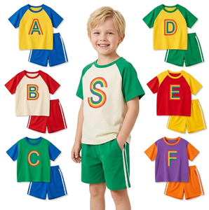 ชุดเสื้อผ้าเด็กพรีเมียมสำหรับฤดูร้อน แขนสั้น แขนกุด ผ้าฝ้าย สำหรับเด็กวัยหัดเดิน ลายบล็อกสีผสมลายตัวอักษร - Product Image 1