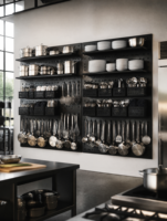 Organisateur mural de cuisine moderne en métal perforé, panneau de rangement en acier blanc avec paniers et crochets pour pots à épices et ustensiles