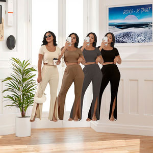 Conjunto de pantalones divididos informales elegantes para mujer 211432 Primavera Verano cuello transpirable manga corta moda Color sólido cintura elástica - Product Image 3