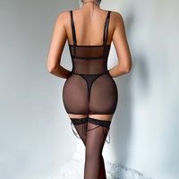 Baju Tidur Lingerie Teddy Couple Grosir, Outfit Hitam Seksi Tiga Bagian, Lingerie Set Transparan Ultra Tipis Bahan Mesh