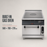 Cuisinière professionnelle à gaz JUSTA avec four intégré, plaques chauffantes en fonte et station de cuisson en acier inoxydable pour restaurant