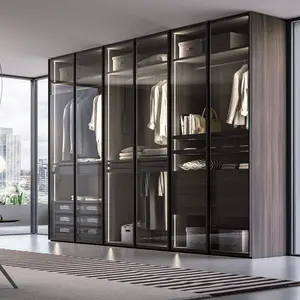 Lemari pakaian, furnitur kayu minimalis profil pegangan panjang untuk sepatu minimalis kombinasi aluminium kamar tidur Modern Hitam