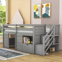 Lit de jour double en bois moderne avec 1 tiroir, étagères, armoire d'escalier et espace secret, écologique, taille personnalisable