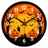 Jam Dinding Halloween Motif Labu dan Kelelawar, Tanpa Suara Tik-tok, Analog Quartz, Bulat, Plastik, untuk Rumah, Kantor, Dapur, Ruang Kelas