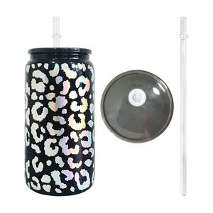 Verre canette léopard holographique 16oz, 5 couleurs assorties, avec couvercle en plastique et paille, pour impression par sublimation - Product Image 2